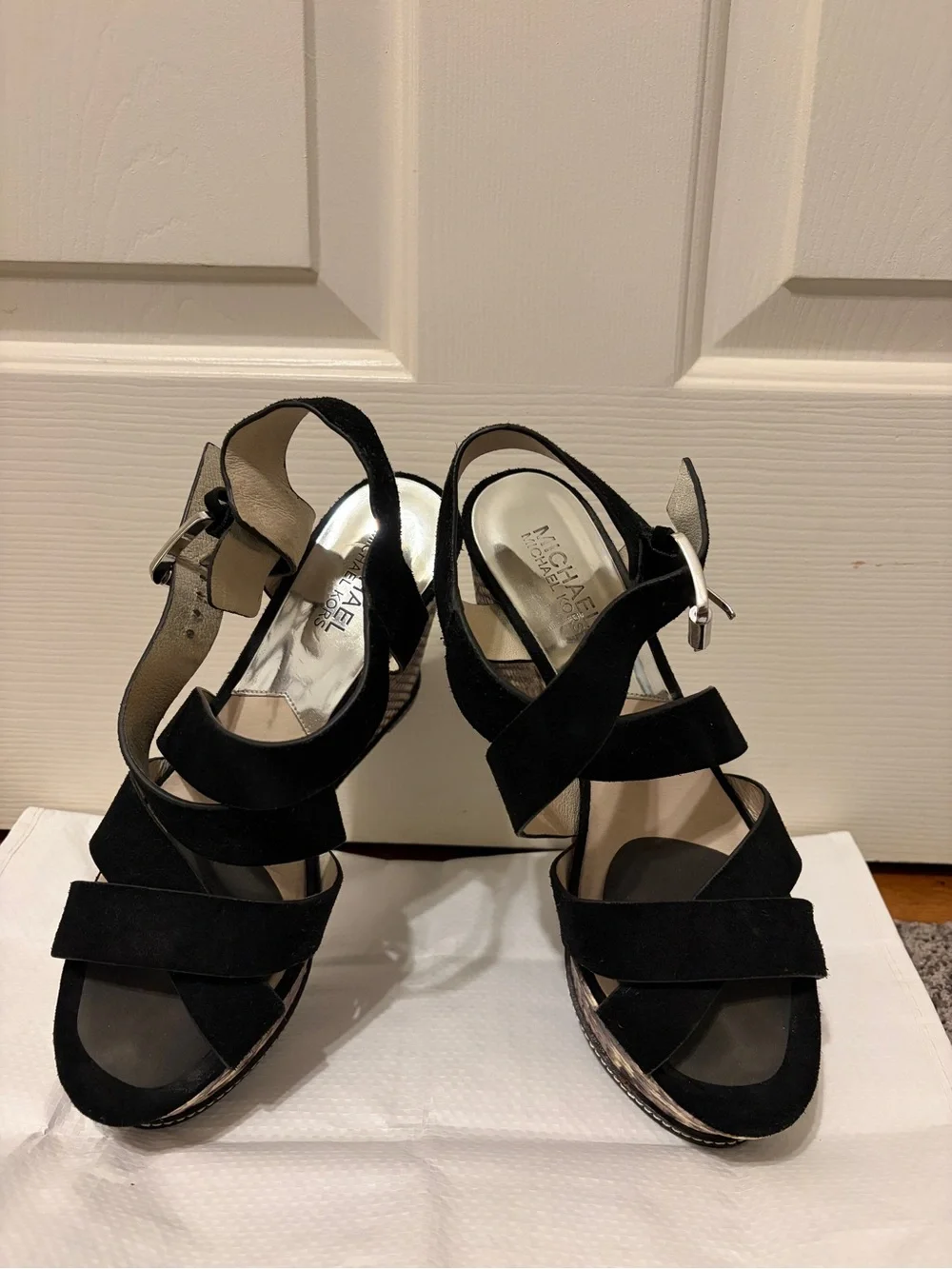 Michael Kors Black Suede Strappy Wedge Sandals with Snakeskin Platform